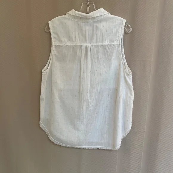 Bella Dahl Half Botton Sleeveless Shirt White/ Silver Pockets Sz L - Picture 8 of 9